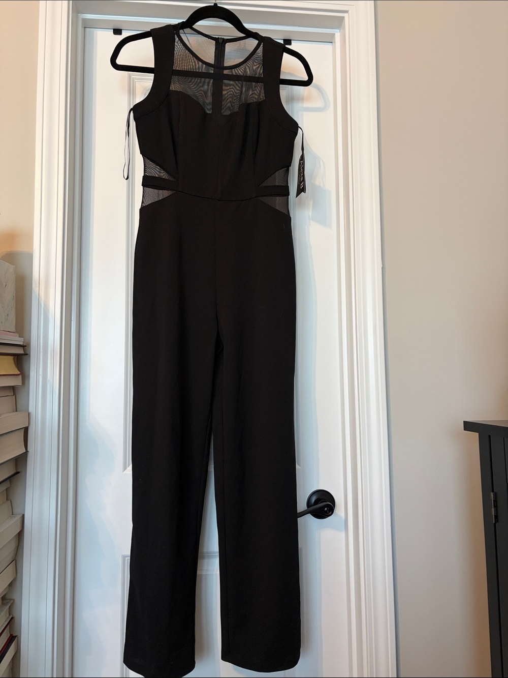 Sleek Black Sleeveless Mesh-Panel Jumpsuit